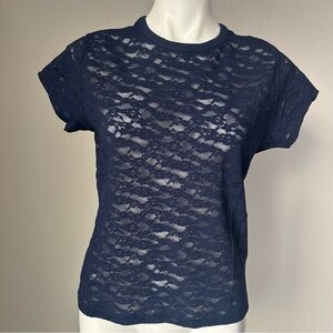 Aerie Lace Vintage T-Shirt‎ Crewneck Short Sleeve Navy Blue Top Size Medium NWT